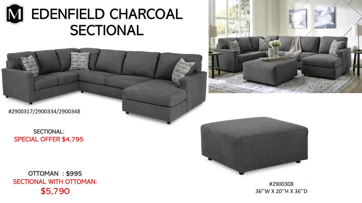 Edenfield Charcoal Sectional + Ottoman