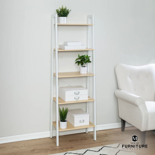 Natural/White 5-Tier Wood and Metal A-Frame Ladder Shelf