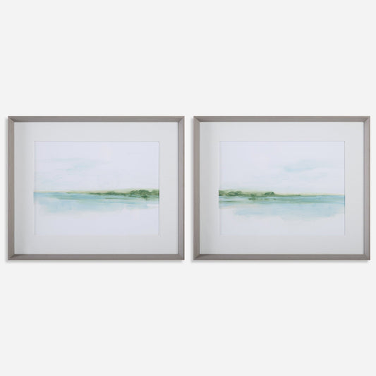 GREEN RIBBON COAST FRAMED PRINT Set of 2