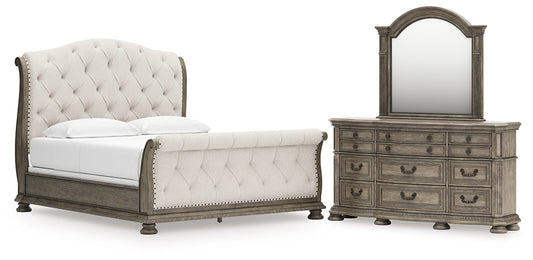 Ardenfield California King Upholstered Sleigh Bed with Mirrored Dresser