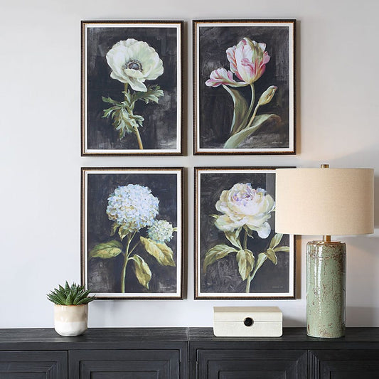 Florals on Black Framed Prints, S/4