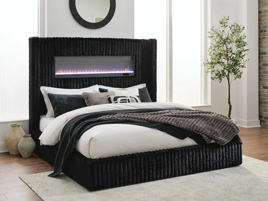 Agrander King Upholstered Bed with Fireplace and Wireless Audio