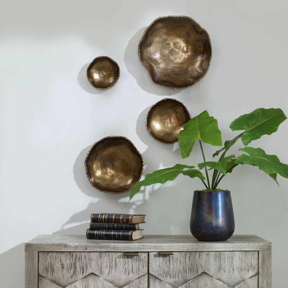 Lucky Coins Indoor-Outdoor Metal Wall Decor, Brass, Set of 4