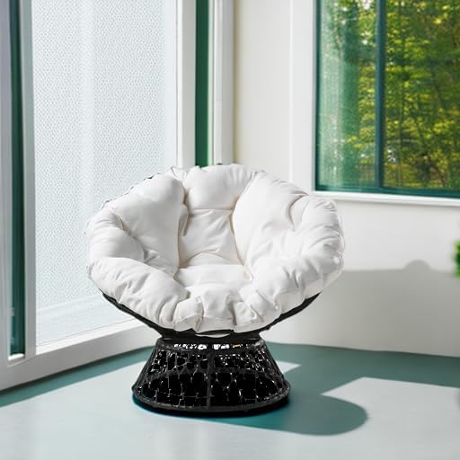 Wicker Papasan Chair with 360-Degree Swivel, Grey Frame with White Cushion
