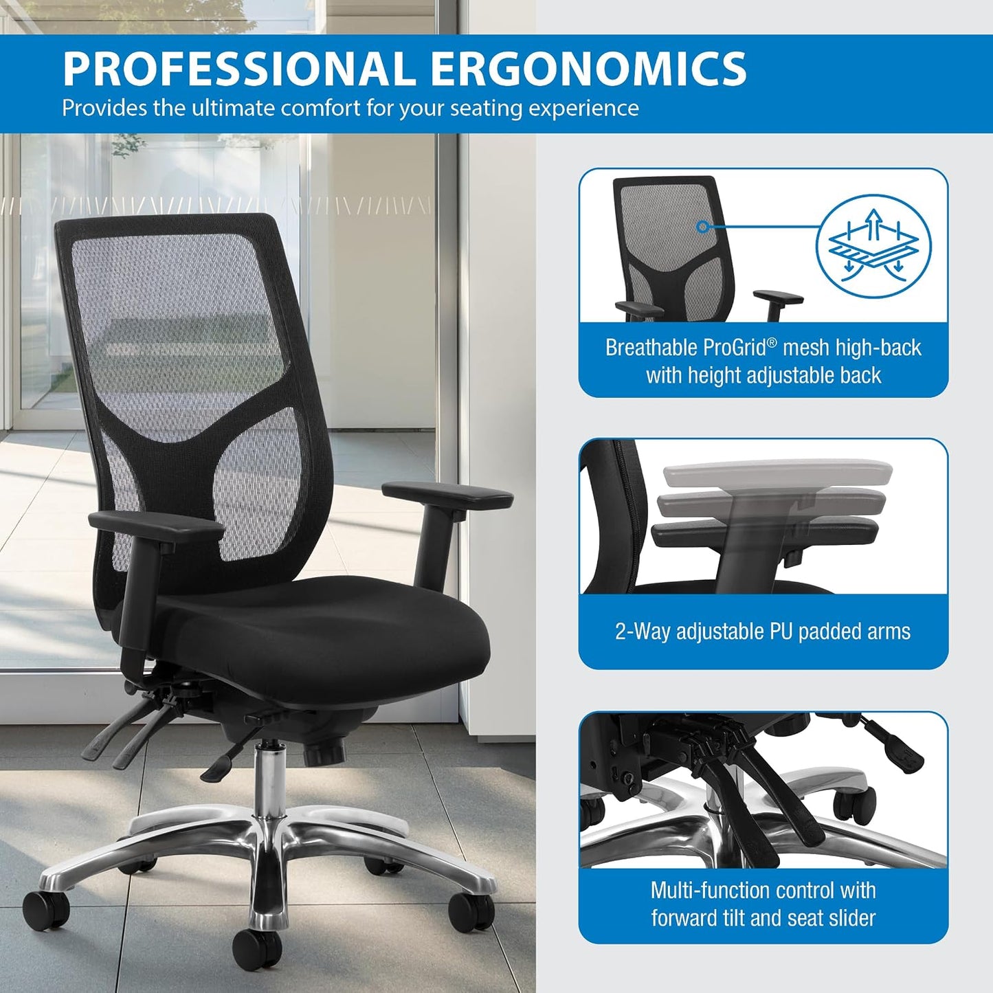 Office Star Products ProGrid High-Back Ergonomic Office Chair, Black Mesh back and Dillion Leather seat with 275 lb Weight Capacity