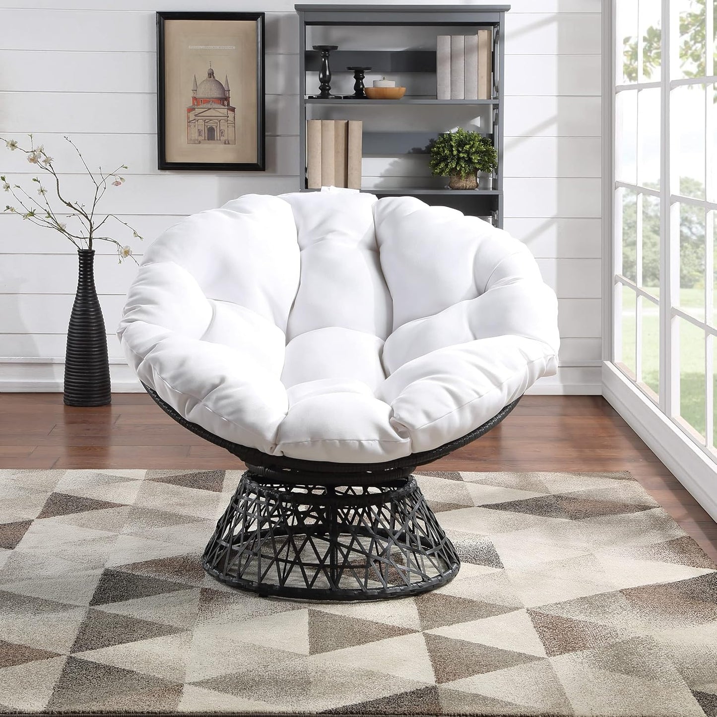Wicker Papasan Chair with 360-Degree Swivel, Grey Frame with White Cushion