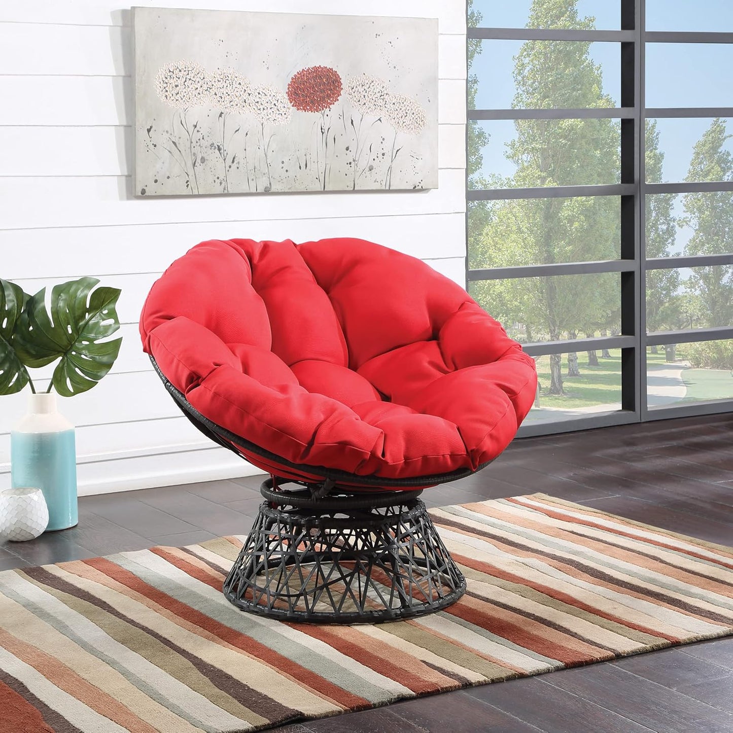 Papasan Chair with 360-Degree Swivel, Grey Frame with Red Cushion