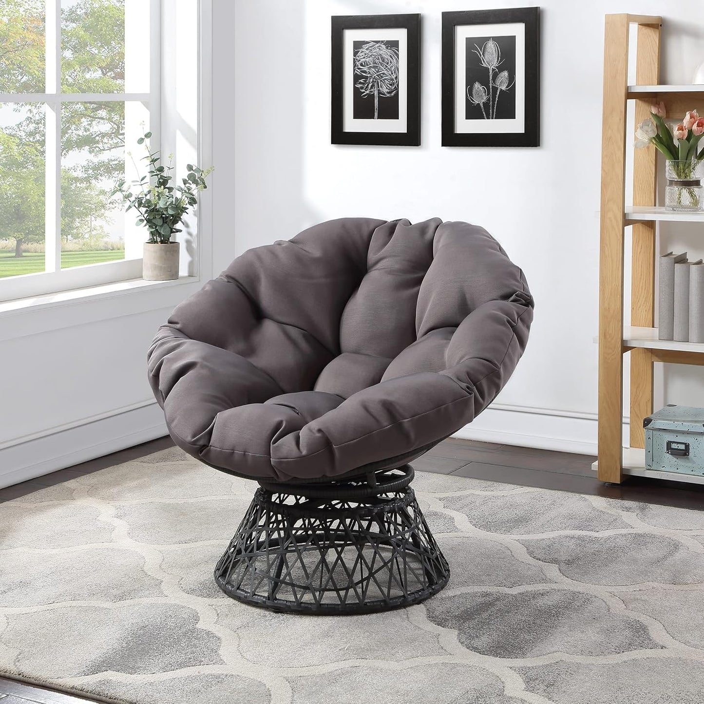 Wicker Papasan Chair with 360-Degree Swivel, Grey Frame with Grey Cushion