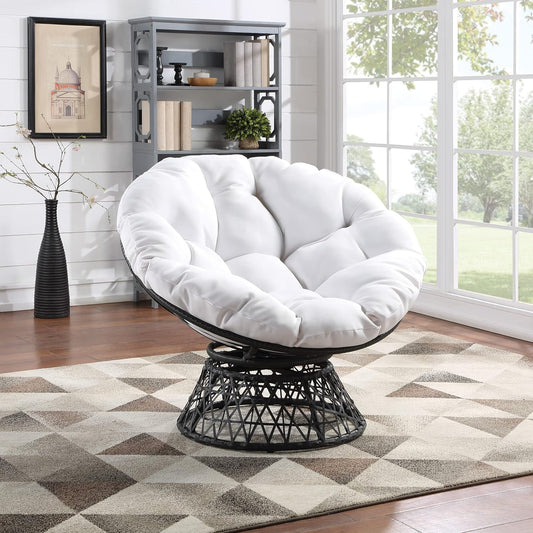 Wicker Papasan Chair with 360-Degree Swivel, Grey Frame with White Cushion