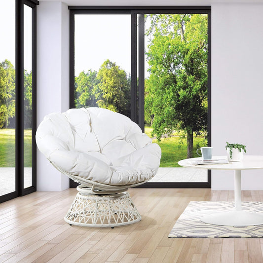 Papasan Chair with 360-Degree Swivel, White Frame with White Cushion