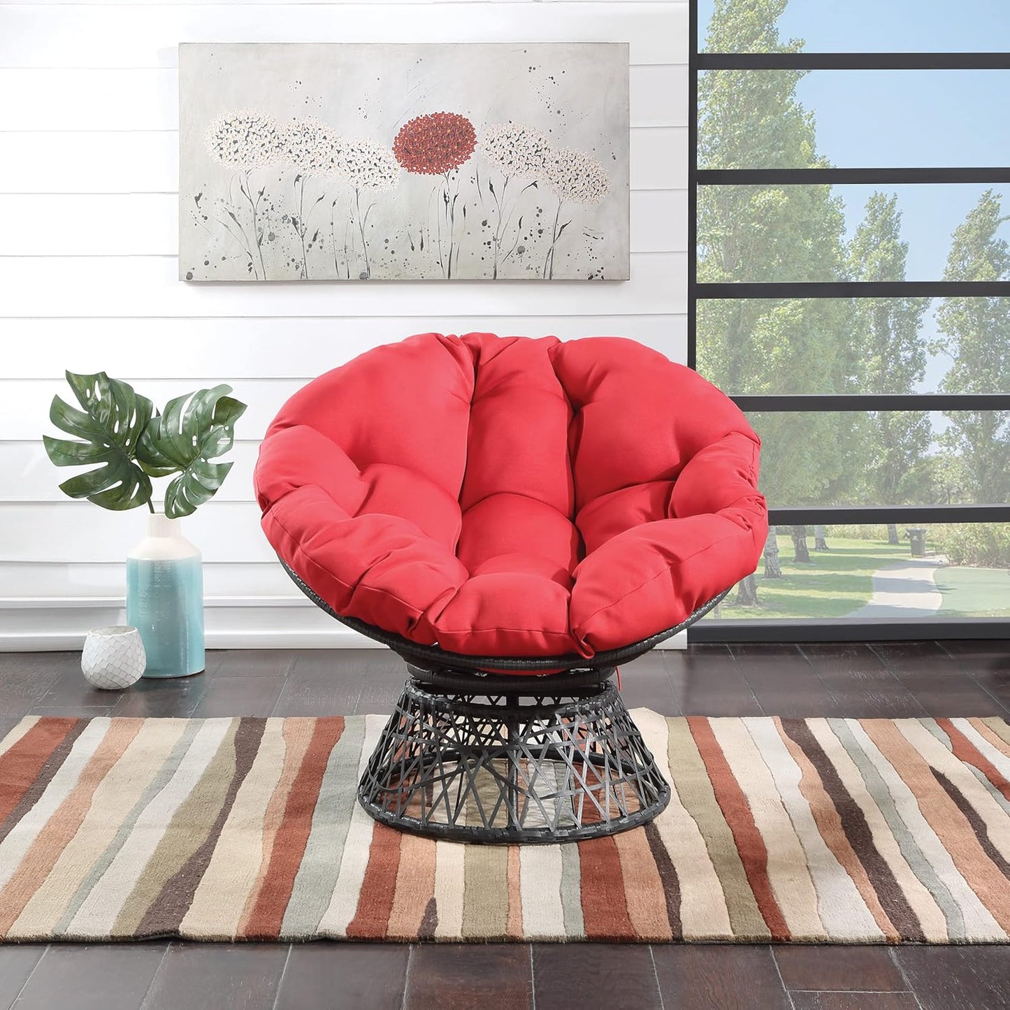 Papasan Chair with 360-Degree Swivel, Grey Frame with Red Cushion