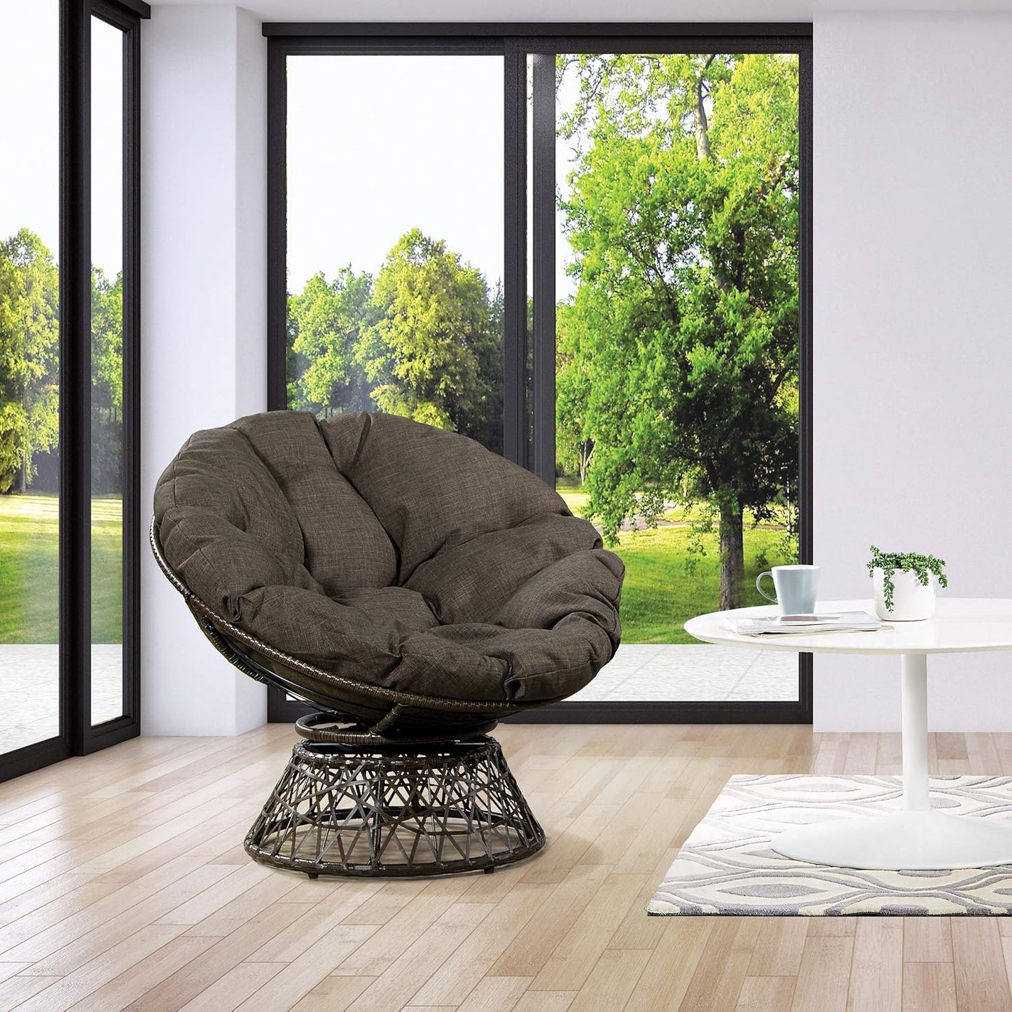 Wicker Papasan Chair with 360-Degree Swivel, Brown Frame with Brown Cushion