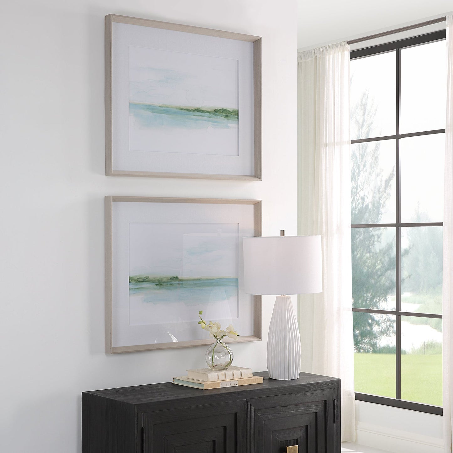 GREEN RIBBON COAST FRAMED PRINT Set of 2