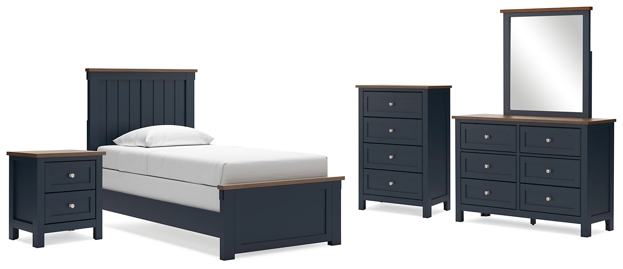 Landocken Twin Panel Bed with Mirrored Dresser, Chest and Nightstand