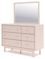 Wistenpine Full Upholstered Panel Headboard with Mirrored Dresser and Nightstand