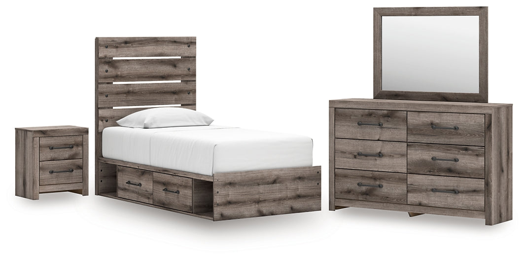 Graystorm Twin Panel Storage Bed with Mirrored Dresser and Nightstand