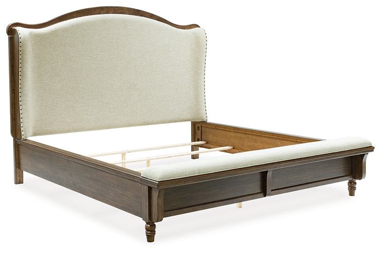 Sturlayne Queen Upholstered Panel Bed with Mirrored Dresser, Chest and Nightstand