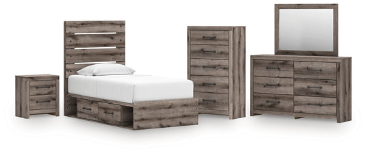Graystorm Twin Panel Storage Bed with Mirrored Dresser, Chest and Nightstand