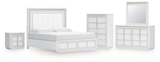 Chalanna King Upholstered Storage Bed with Mirrored Dresser, Chest and Nightstand