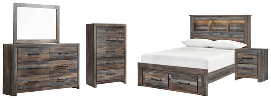 Drystan Full Bookcase Bed with 2 Storage Drawers, Dresser, Mirror, Chest and Nightstand