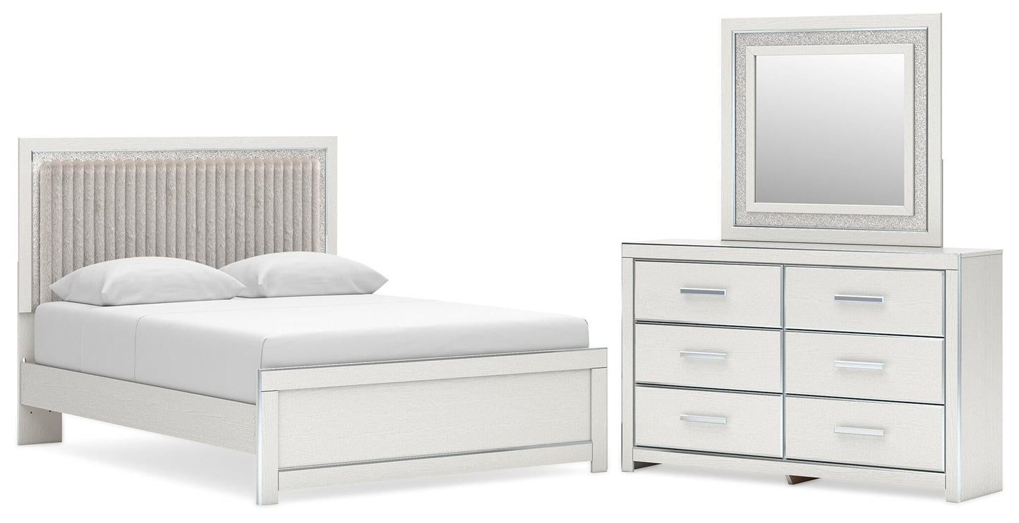 Zuraleus Queen Upholstered Panel Platform Bed, Dresser and Mirror