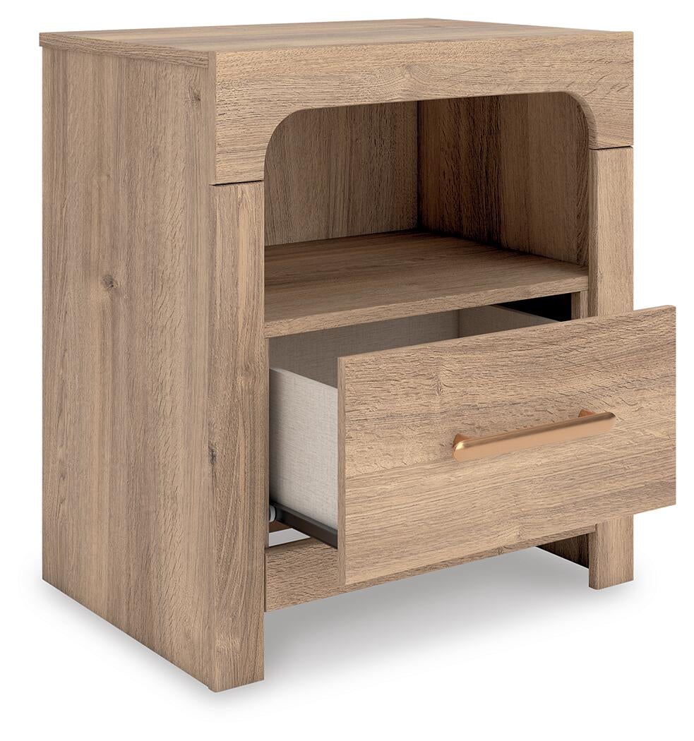 Kinlanni Queen Upholstered Panel Bed, Dresser, Mirror and Nightstand