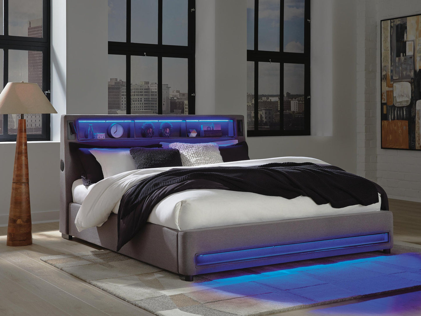 Cayberry California King Upholstered Bed with Wireless Audio