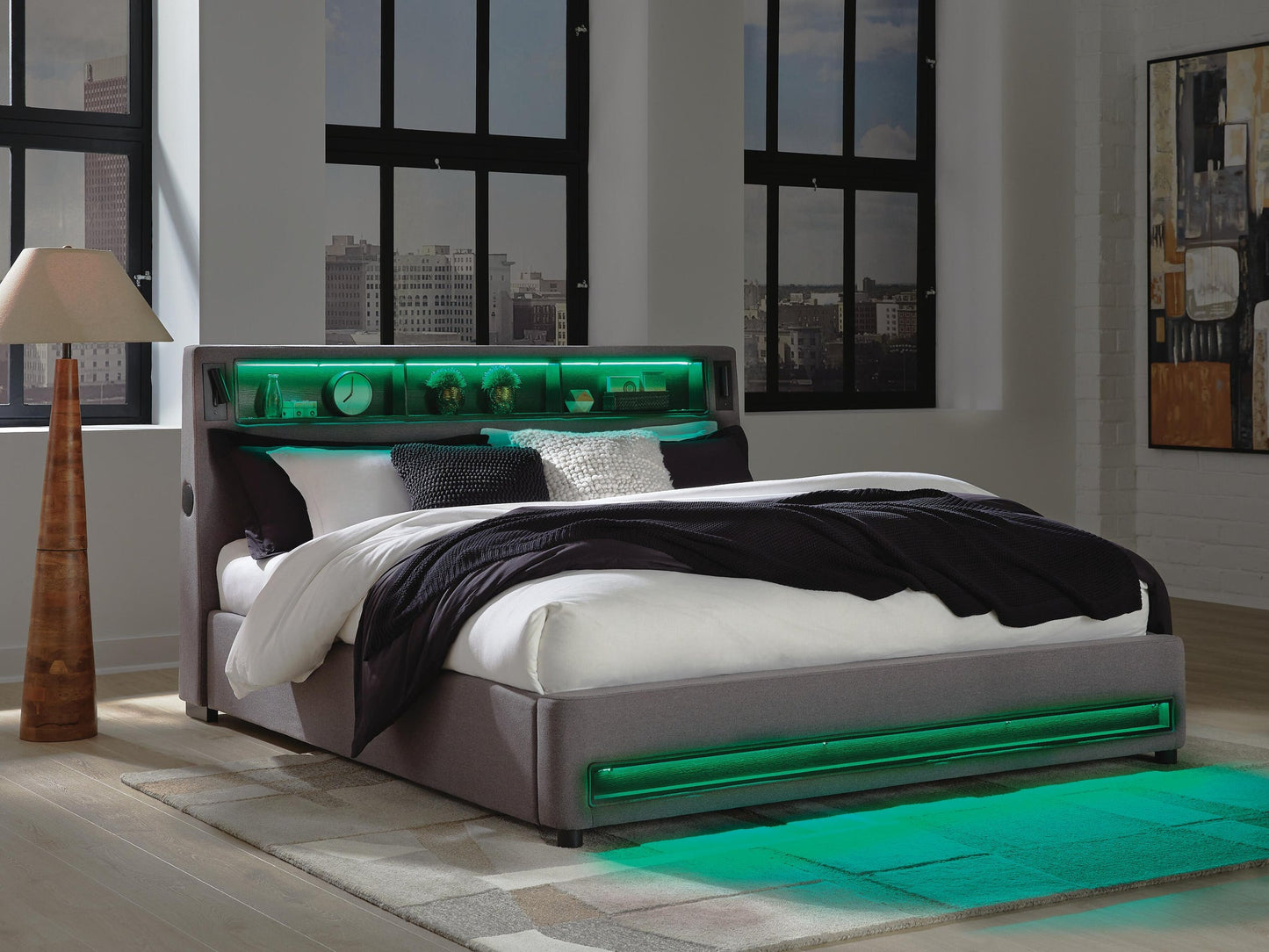 Cayberry California King Upholstered Bed with Wireless Audio