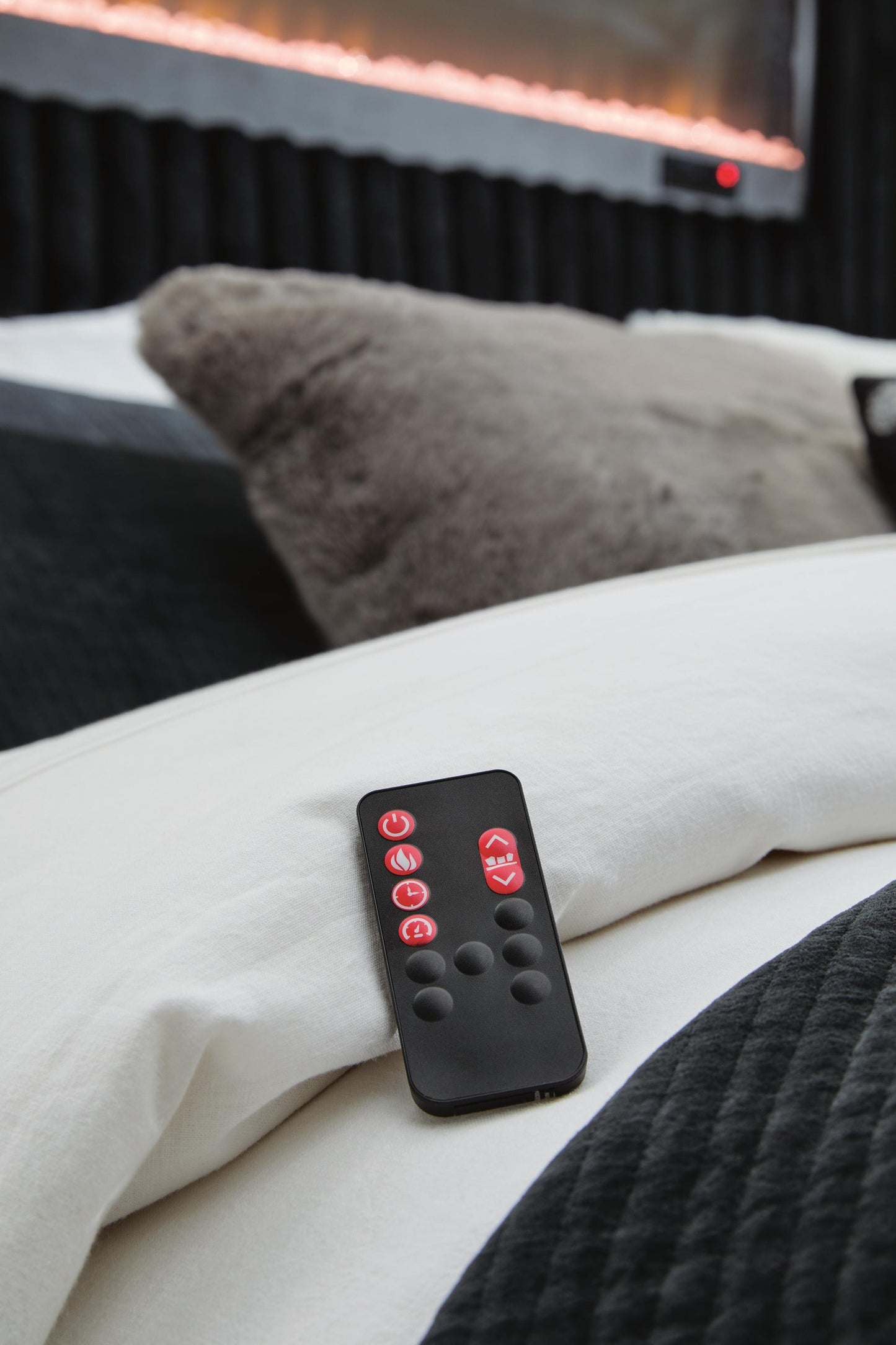Agrander King Upholstered Bed with Fireplace and Wireless Audio