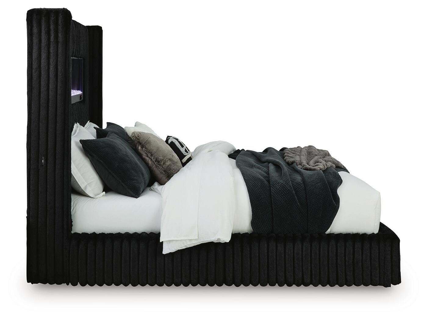 Agrander King Upholstered Bed with Fireplace and Wireless Audio