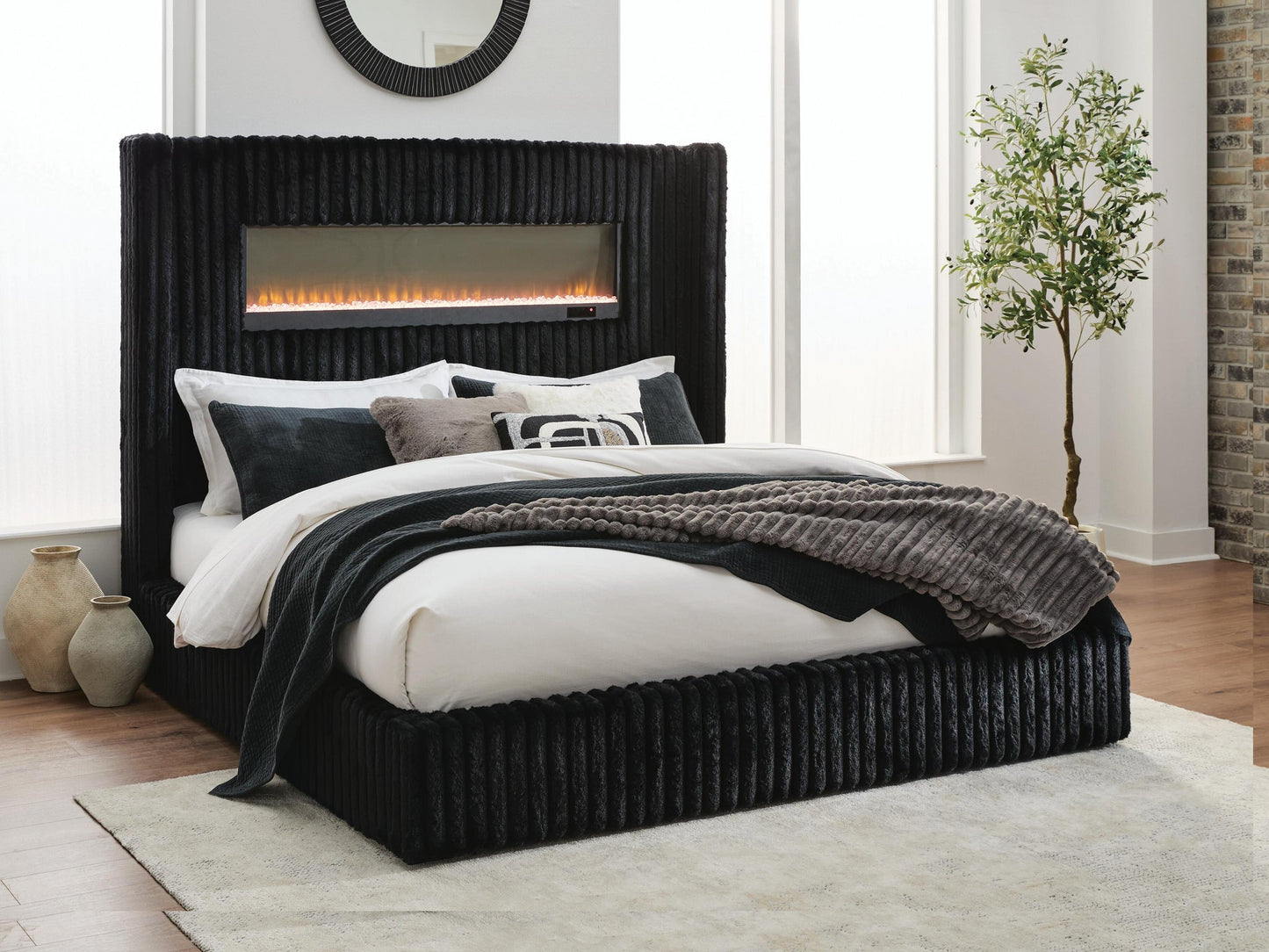 Agrander King Upholstered Bed with Fireplace and Wireless Audio