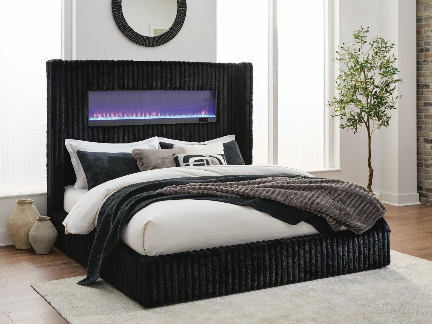 Agrander Queen Upholstered Bed with Fireplace and Wireless Audio