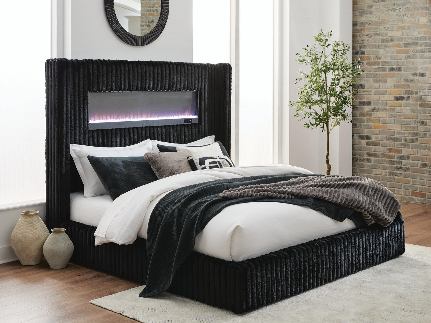 Agrander Queen Upholstered Bed with Fireplace and Wireless Audio
