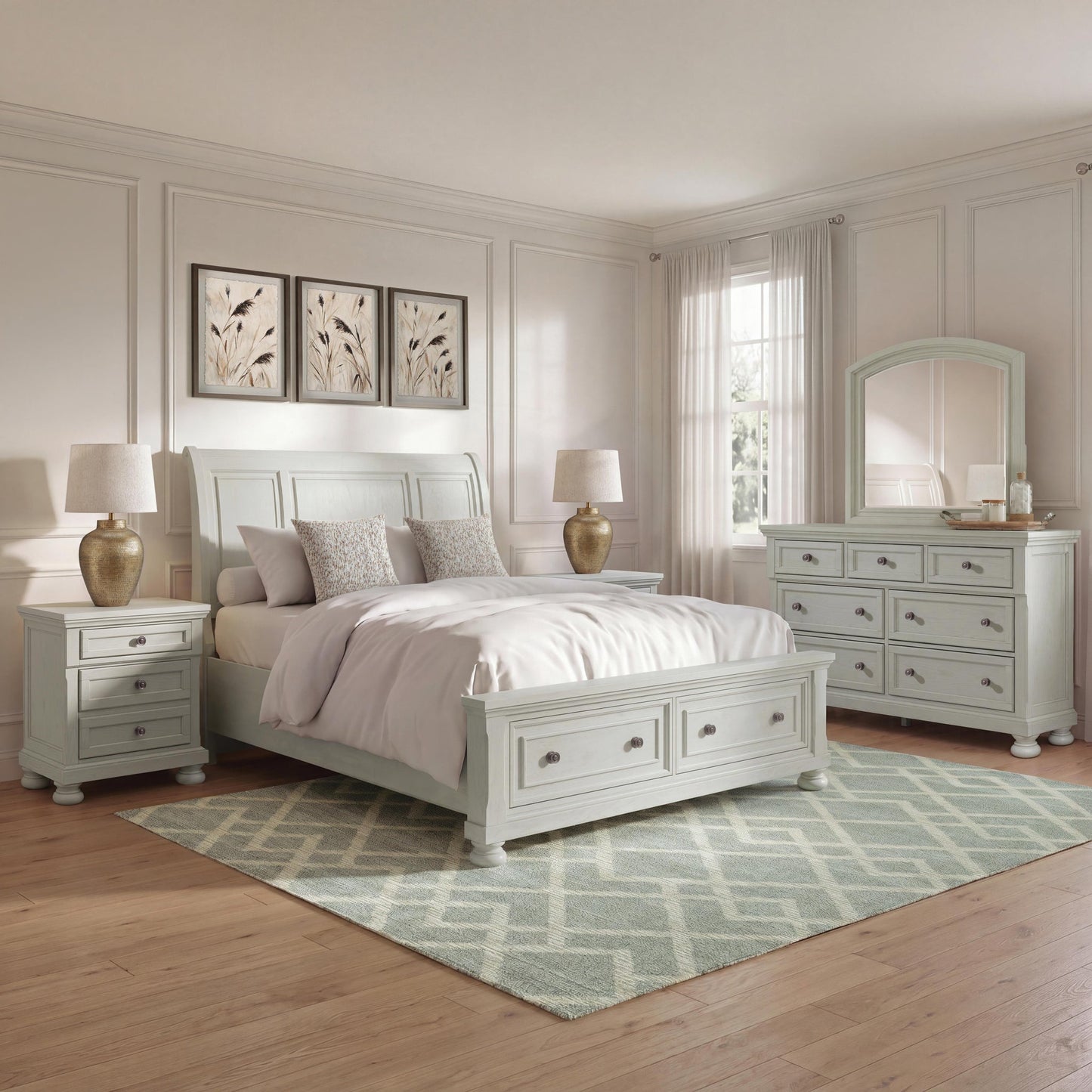 Robbinsdale California King Sleigh Bed with Storage with Mirrored Dresser