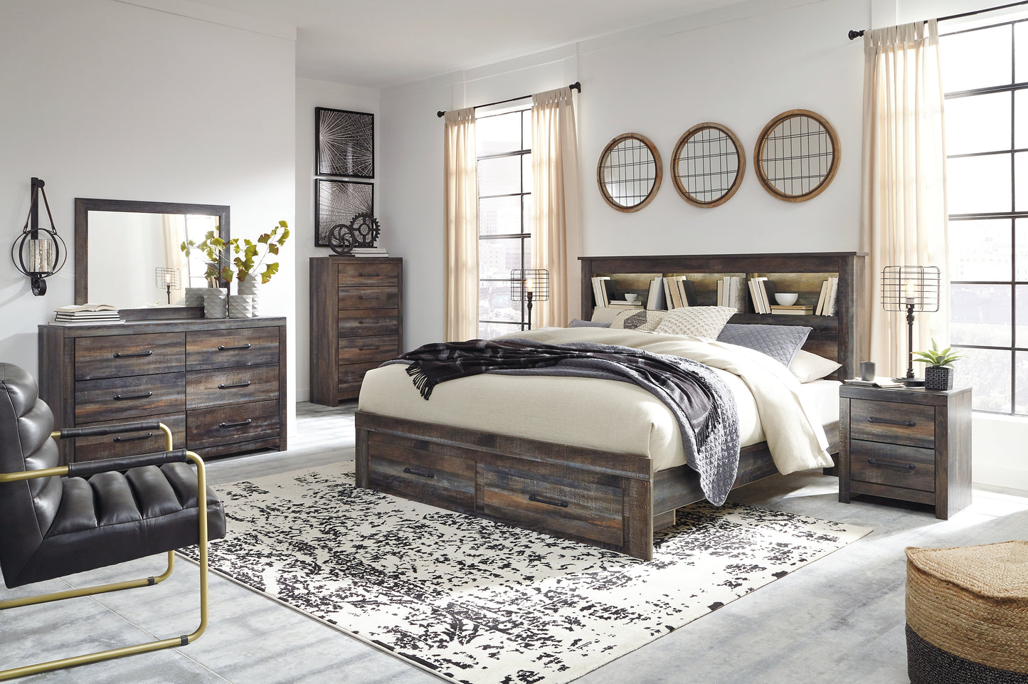 Drystan  Bookcase Bed With 2 Storage Drawers With Mirrored Dresser, Chest And Nightstand