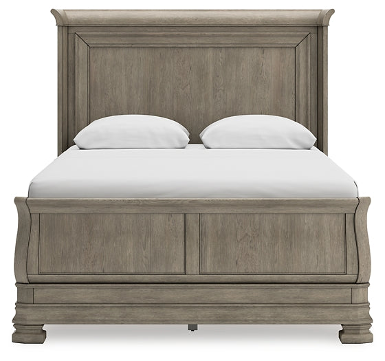 Lexorne Queen Sleigh Bed with Mirrored Dresser and 2 Nightstands