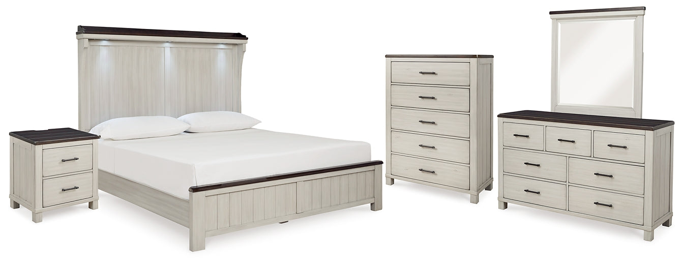 Darborn California King Panel Bed with Mirrored Dresser, Chest and Nightstand
